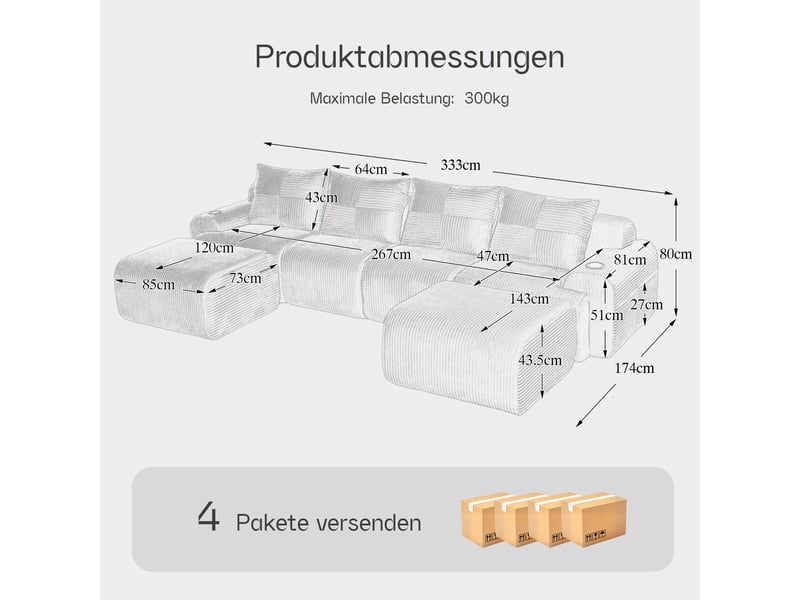 Canapé modulable 4 places 333x174x80 cm avec 2 poufs gris foncé - Conforama E