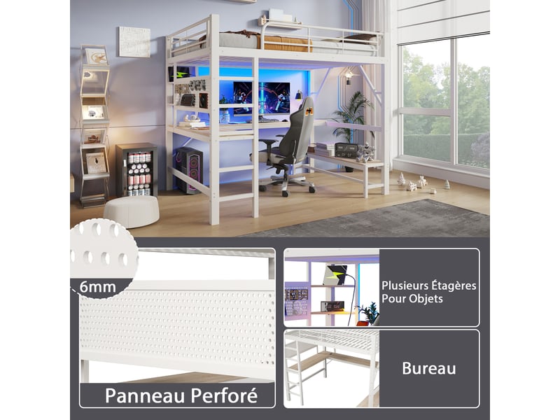 Lit mezzanine 160 x 200 cm – avec bureau - barrières de sécurité et échelle – avec ports usb et type-c – avec éclairage led – blanc(matelas non inclus) - Conforama W