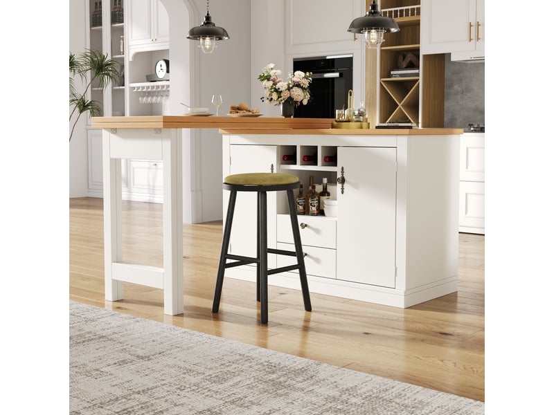  Ilot cuisine, buffet de cuisine avec rangements intégrés, plateau extensible, pivotant à 360°, dimensions 120 à 180 x 40 x 76 cm, mdf, blanc  - Conforama D