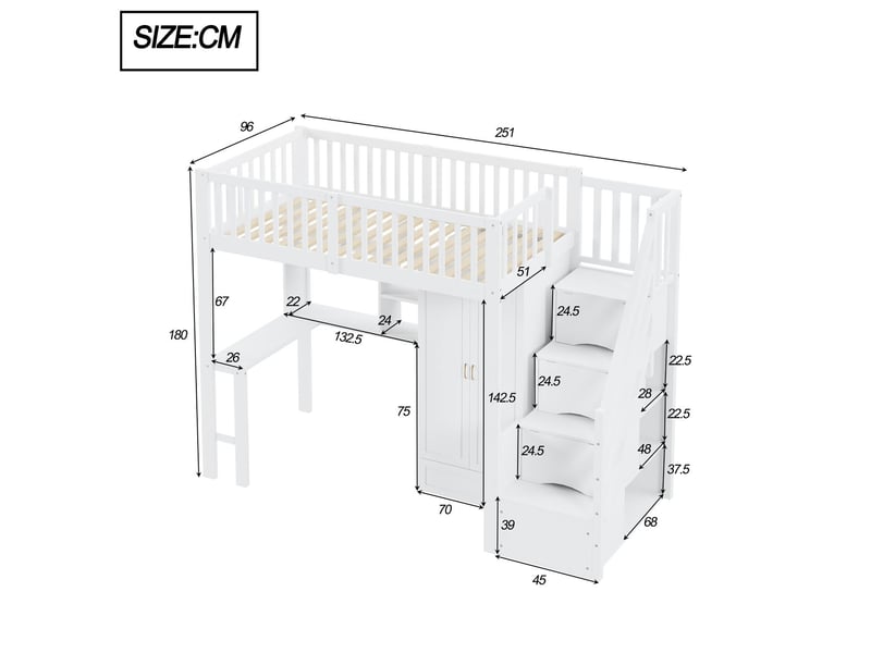  Lit mezzanine avec bureau 90 x 200 cm grand meuble étagère rangement dans l’escalier bois blanc  - Conforama C