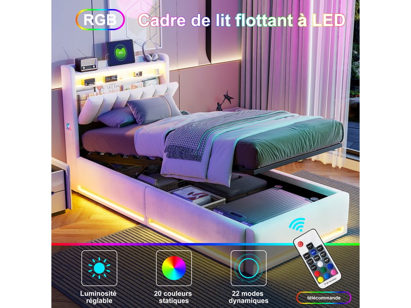  Lit rembourré 90 x 200 cm avec rangement, lit double avec éclairage led et port usb, lit hydraulique avec tête de lit et sommier à lattes, lit pour adolescent, velours, beige 251110WXL0101#ADXBfHWMXoDELLM - Conforama D