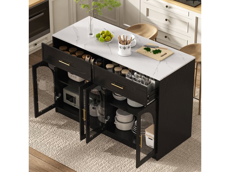  Îlot de cuisine avec led, 2 tiroirs et étagères réglables - lpospi - portes vitrées, surface de travail, mdf noir  - Conforama B