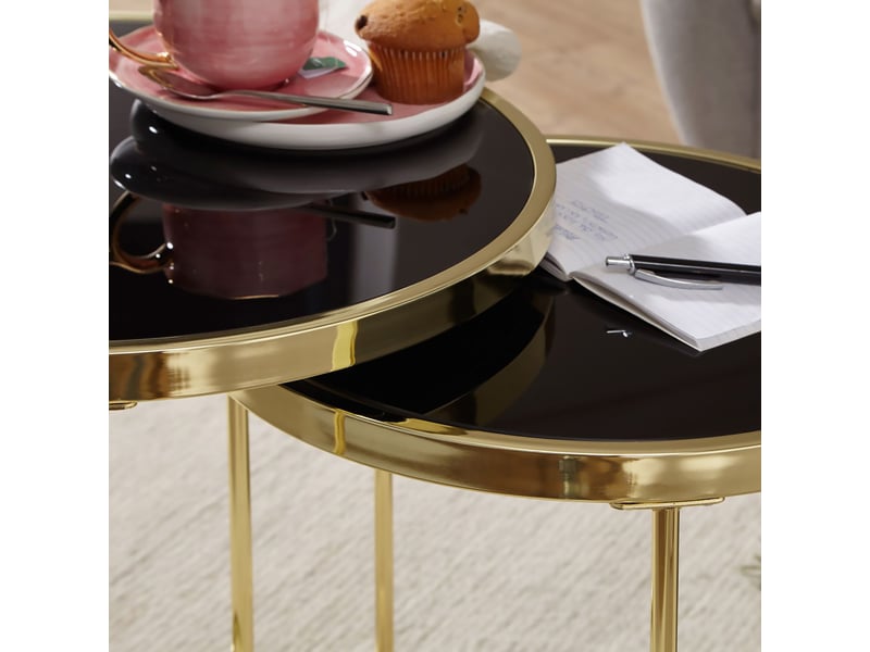  Lot de 2 tables d'appoint 50 et 42 cm en verre noir et métal doré  - Conforama D