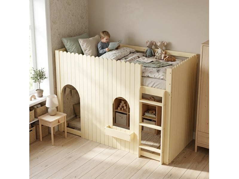  Lit mezzanine enfant 90x200 cm avec led multicolore, échelle et barrières, naturel  - Conforama E