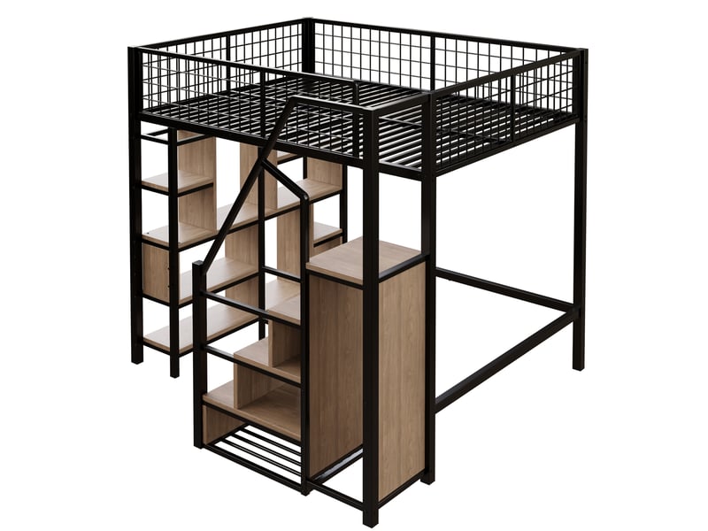 Lit mezzanine 140x200 cm en métal noir, escalier, étagères et rangements multifonctions - Conforama D