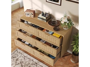 Commode 6 tiroirs - 115x40x80cm - meuble de rangement effet rotin tressé & pieds en bois - chêne clair