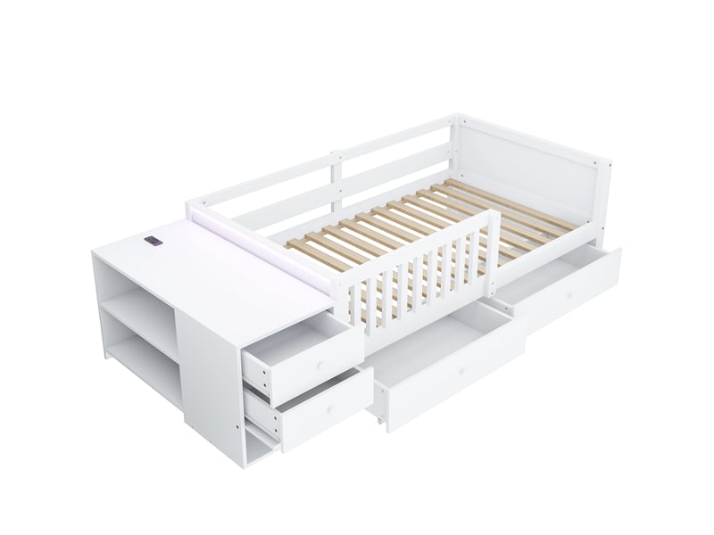 Lit enfant en bois 90x200 cm avec bureau et rangement séparé, prise intégrée, led, 2 tiroirs, étagères, garde-corps, métal, contreplaqué et mdf, blanc - Conforama A