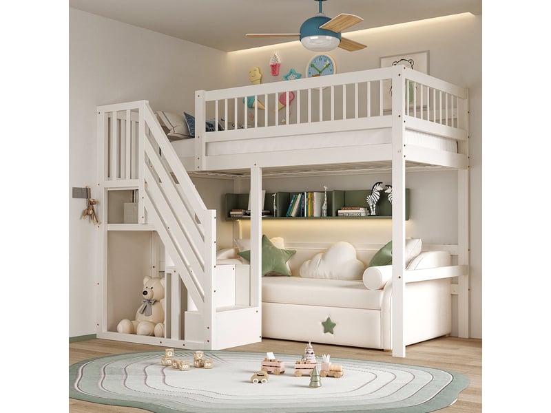  Lit mezzanine enfant 200×90 cm avec escalier de rangement, sans matelas, en bois blanc et gris  - Conforama E