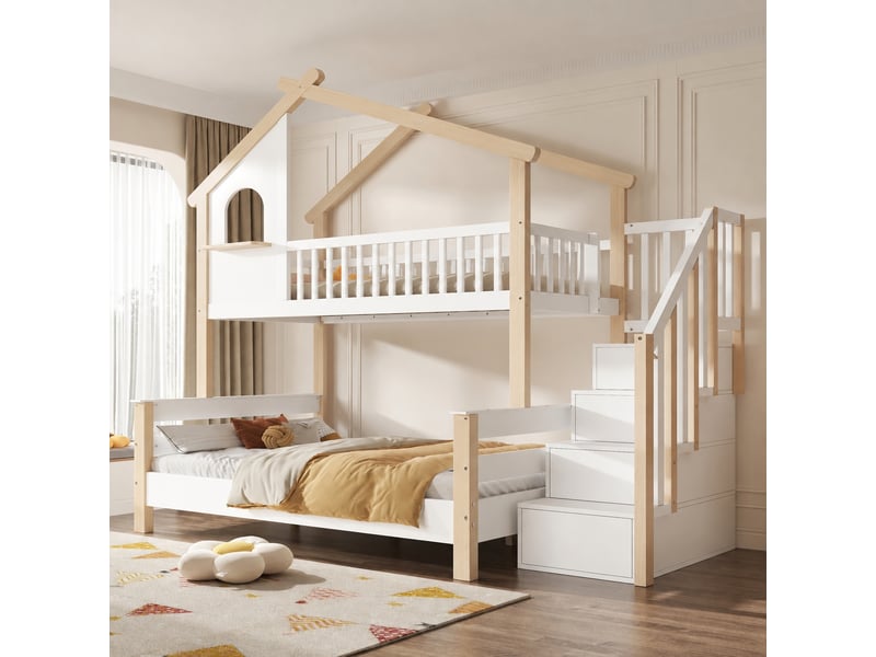 Lit superposé avec escalier de rangement, forme cabane, sommiers inclus, blanc et naturel, 90x190 et 120x190 cm - Conforama D