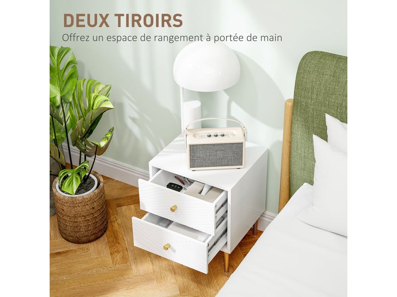  Table de chevet table de nuit avec 2 tiroirs poignées, pieds en acier pour chambre à coucher salon blanc 40 x 35 x 50 cm  - Conforama E