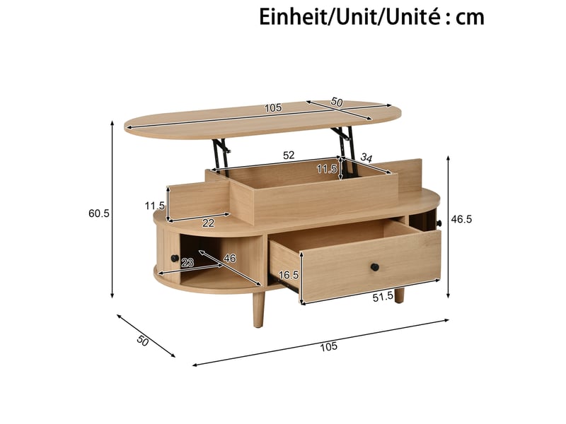  Table basse ovale avec plateau relevable hydraulique, rangement caché, tiroir et portes coulissantes, mdf, coloris naturel  - Conforama C