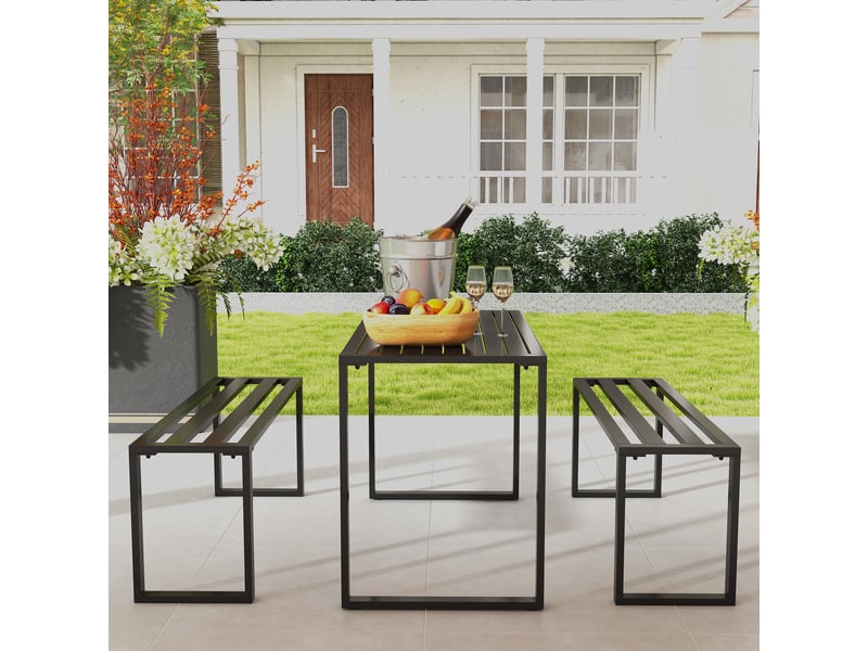  Ensemble de mobilier de jardin pour 4 personnes, 1 table et 2 bancs, métal, noir  - Conforama D