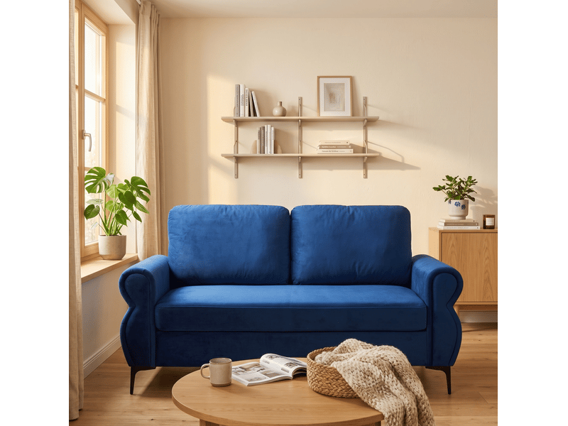  Canapé 2 places ulevr compact 173,5 cm bleu, tissu polyester, structure métal et bois, pieds métalliques 15 cm  - Conforama B