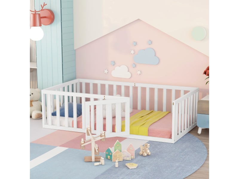  Lit au sol pour enfants en bois massif 90x200cm avec clôture et porte,blanc lit enfant blanc - Conforama B