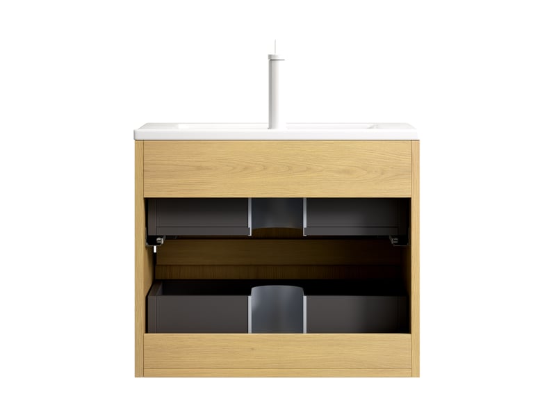  Meuble sous vasque suspendu 61 cm avec 2 tiroirs à fermeture douce - lpospi - vasque en céramique, chêne doré et blanc  - Conforama E