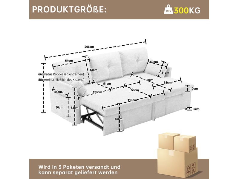  Canapé d'angle convertible modulable 3 places avec rangement et lit gigogne en velours côtelé beige  - Conforama C