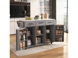 Îlot de cuisine gris avec plateau rabattable et effet marbre blanc, chariot de service avec rangement, 139x46x91.5 cm