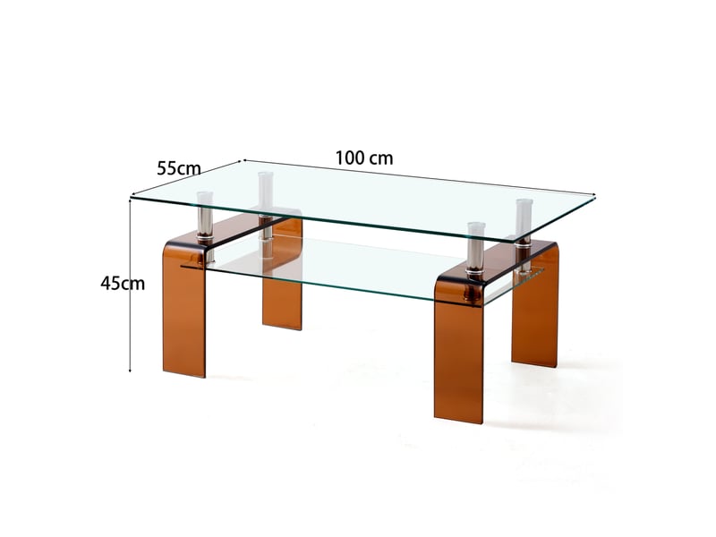  Table basse avec 2 plateaux en verre trempé et pieds métalliques bruns pour salon, transparente, 100 × 55 × 45 cm  - Conforama E