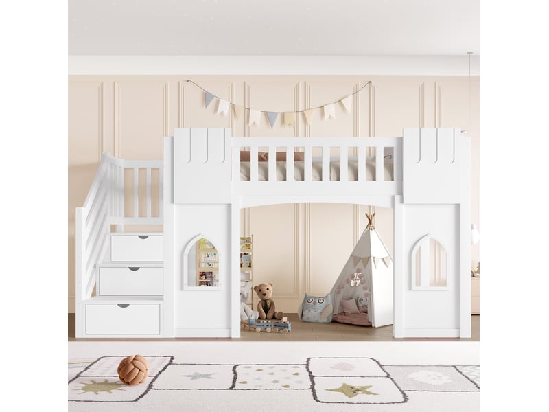  Lit mezzanine, 90x200 cm, pour chambre, avec escalier aménagé, fenêtres, matelas non inclus, mdf et bois, coloris blanc  - Conforama E