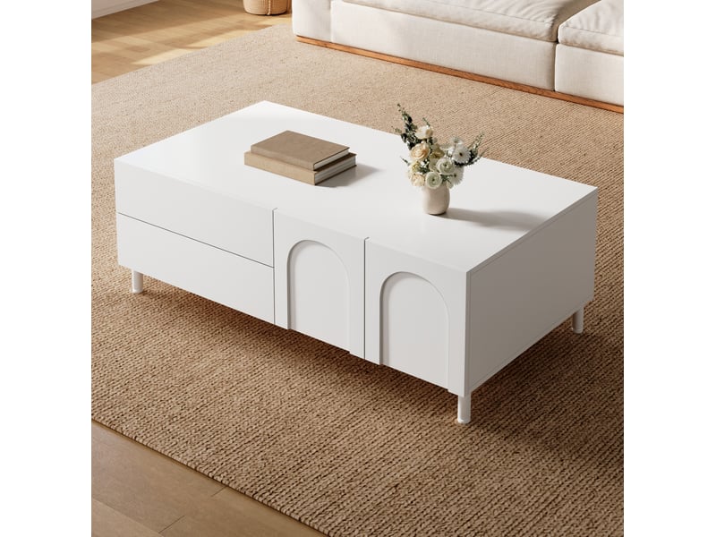  Table basse avec 2 tiroirs et 2 portes, rangement fermé, pieds en acier, pour salon, blanche 100 × 50 × 39,5 cm  - Conforama D