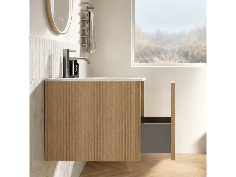  Ensemble meuble vasque suspendu 80 cm avec miroir led, finition chêne  - Conforama E