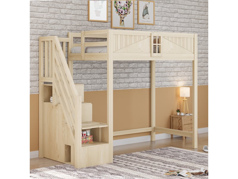  Lit mezzanine enfant 90x200 cm, barrière avec fenêtre, échelle réversible avec rangement latéral, pin, contreplaqué et mdf, effet bois OMNIGLINT TRADING LTD - Conforama E