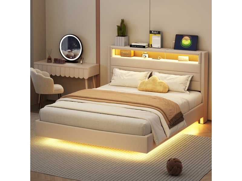 Lit capitonné en lin beige 140 x 200 cm - Conforama D