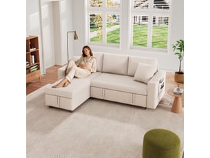 Canapé d'angle convertible 3-4 places en tissu effet lin beige avec coffre et méridienne réversible