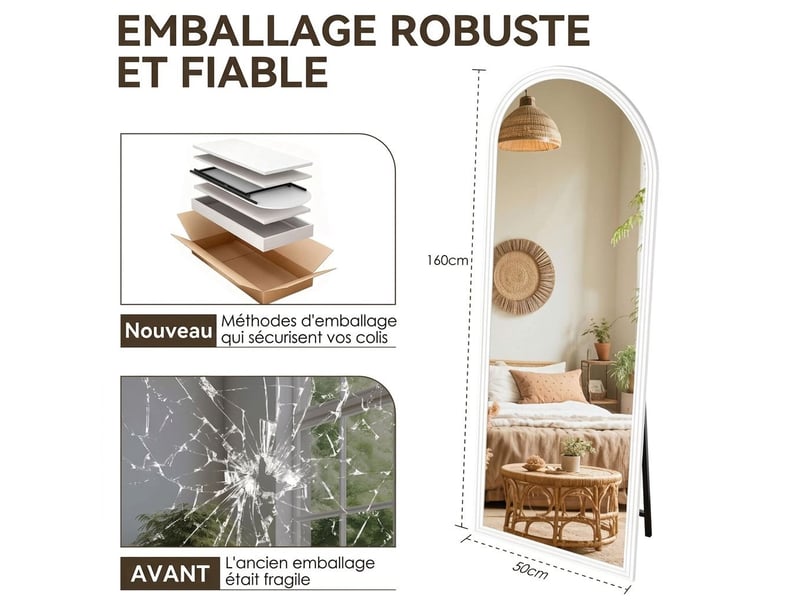 Miroir sur pied arqué pleine longueur 160 x 50 cm – grand miroir psyché autoportant avec cadre en bois massif et verre hd anti-déformation pour chambre, dressing et salon – blanc - Conforama D