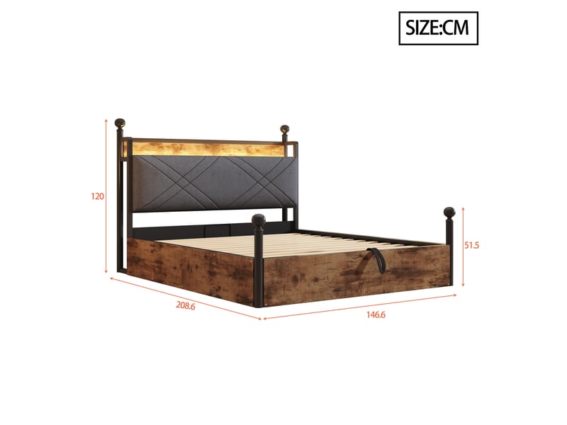 Lit baldaquin 140x190cm, lit coffre, lit modulable, recharge, led, dossier en mousse, fer, mdf, noir, motif bois - Conforama C
