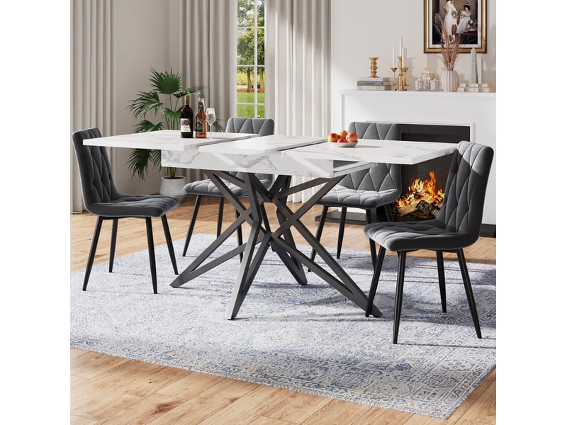  Table à manger extensible 120-160×80×76 cm, plateau finition marbre, mdf blanc, piètement étoile métallique noir  - Conforama D