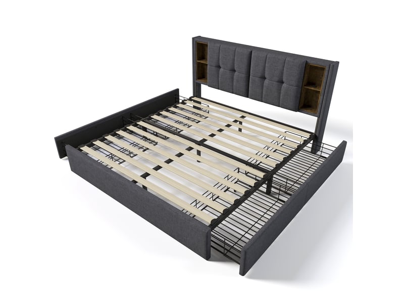  Lit rembourré tcqpz 160 x 200 cm avec 4 tiroirs, chargement sans fil, usb et usb-c, sommier à lattes en bois, lin gris  - Conforama A