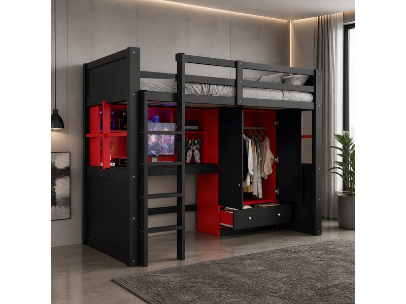 Lit mezzanine 90x200 cm avec bureau, armoire, tiroirs et led, noir et rouge - Conforama D