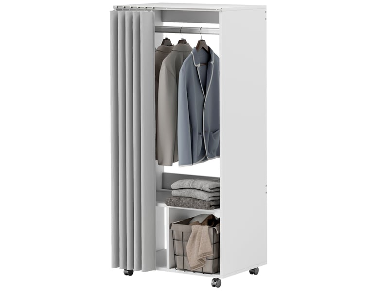  Armoire à roulettes avec tringle à rideaux et penderie, 2 compartiments pour la chambre, 60 x 40 x 128 cm, blanche  - Conforama B