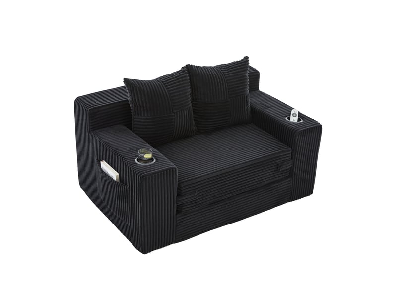  Canapé-lit 2 places 151x133x64 cm noir en velours côtelé, 2 coussins, porte-gobelet et rangement latéral  - Conforama D