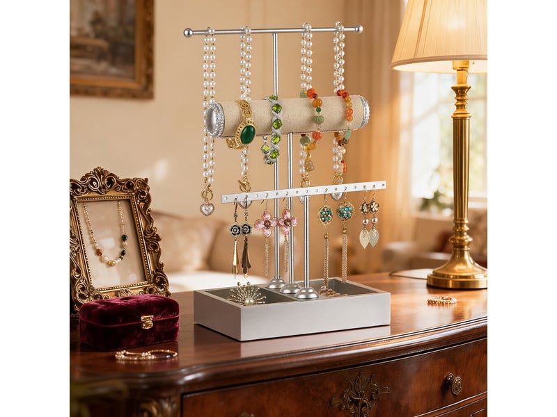  Organiseur à bijoux avec support, porte-boucles d’oreilles, colliers, bracelets, montres et bagues  - Conforama E