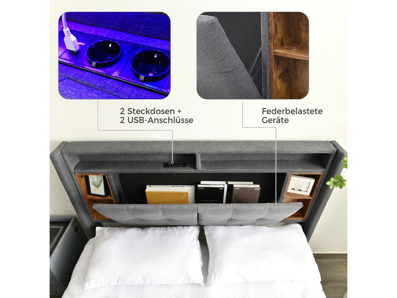  Lit coffre 160x200 cm avec tête de lit rangement, éclairage led, prises usb et secteur, lit double rembourré avec sommier à lattes en bois - gris  - Conforama D