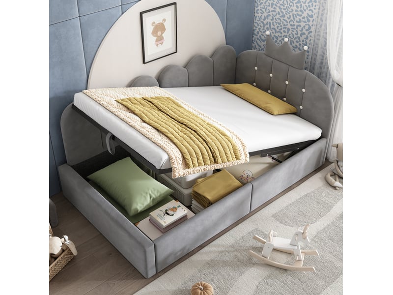  Lit simple 90x200 cm avec rangement hydraulique en velours gris  - Conforama B