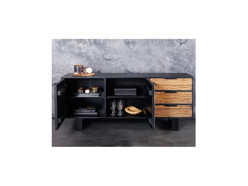  Buffet rafta 150 cm en bois massif de teck et manguier – 2 portes, 3 tiroirs et structure noire  - Conforama E
