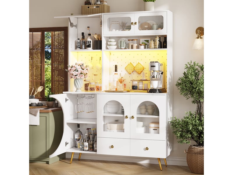  Buffet haut de cuisine blanc, meuble de rangement avec éclairage led, prises usb, panneau perforé et tiroirs, 120x40x176cm  - Conforama E