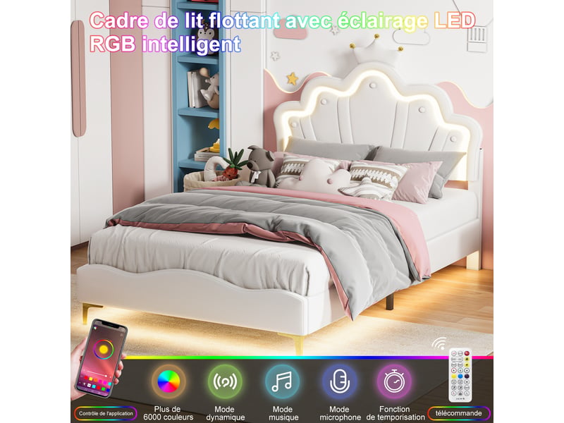 Lit princesse 140x190cm lit jeune avec tête de lit couronnée, éclairage led et sommier à lattes, rangement sous lit pour chambre de fille,sans matelas, pu,blanc - Conforama D