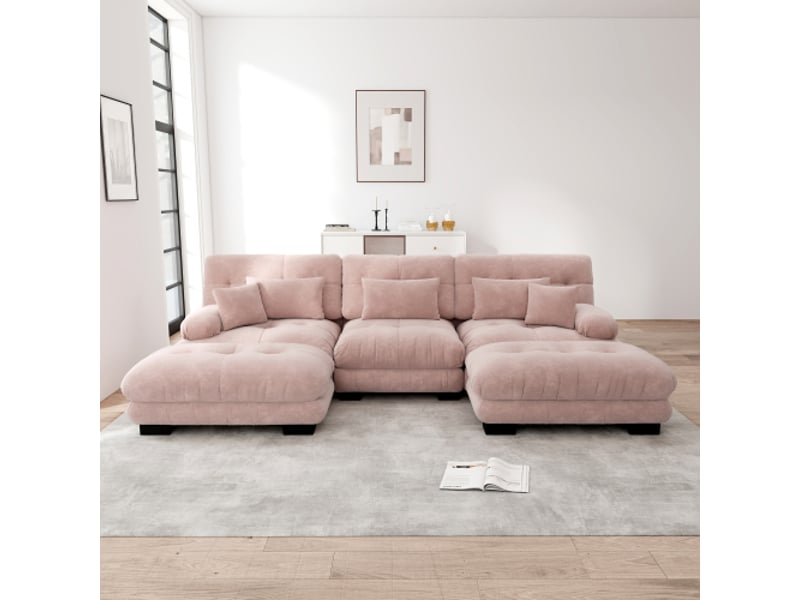  Canapé d'angle modulaire, canapé 3 places en u, canapé convertible à assise profonde avec pouf, chenille, rose  - Conforama B