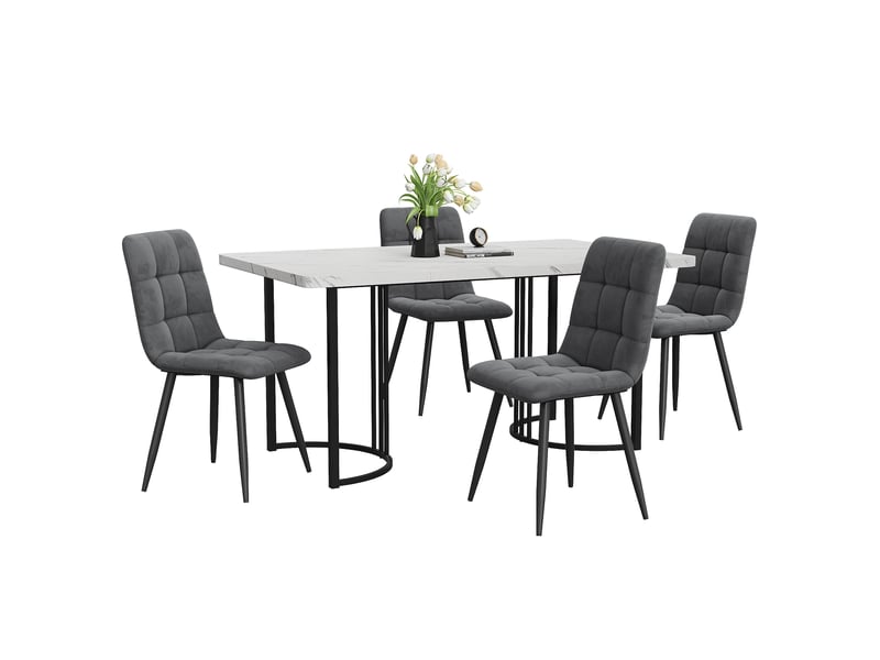Ensemble table et 4 chaises, table à manger 140 x 80 cm effet marbre blanc, sièges en velours gris foncé et pieds noirs - Conforama A