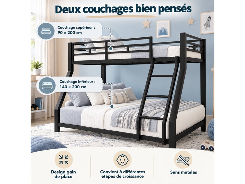 Lit superposé enfant 90140 × 200 cm en métal avec échelle et barrières de sécurité, conforme en 747, sans matelas, noir - Conforama D