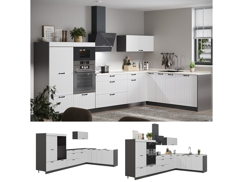 Vicco cuisine en angle, blanc campagneanthracite, 347 x 207 cm sans pt - Conforama D