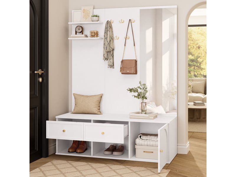  Meubles d'entrée avec miroir, 5 crochets, 2 tiroirs, placard, niches et banc bas pour hall blanc 120 × 35 × 159 cm  - Conforama E