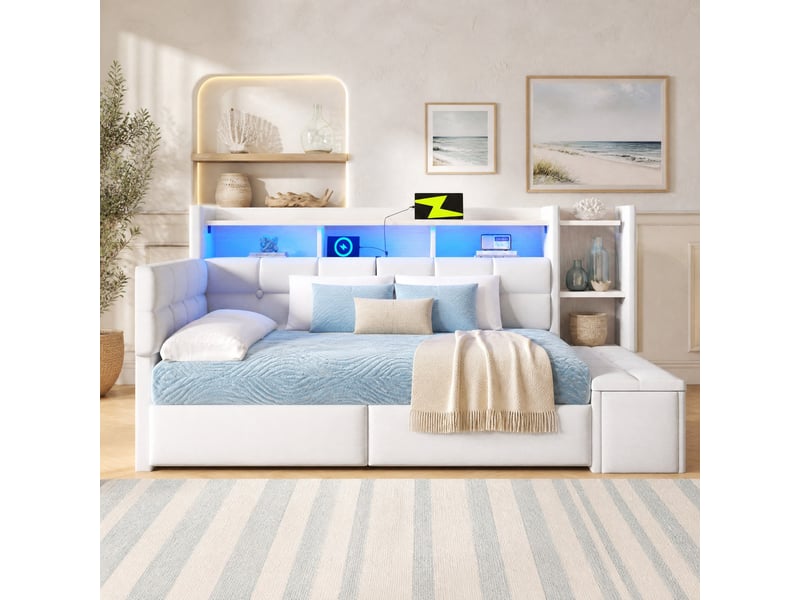  Lit banquette 90x190 cm avec deux tiroirs, ports usb et type-c, led, en velours, blanc, sans matelas  - Conforama B