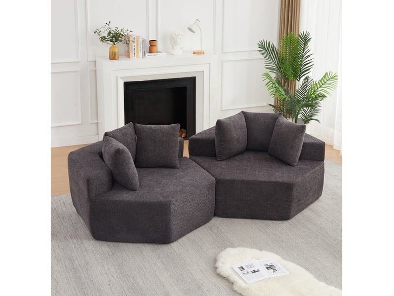  Lot de 2 fauteuils modulables compressés et hexagonaux souples, assise de 2 places, en tissu chenille, couleur gris  - Conforama B