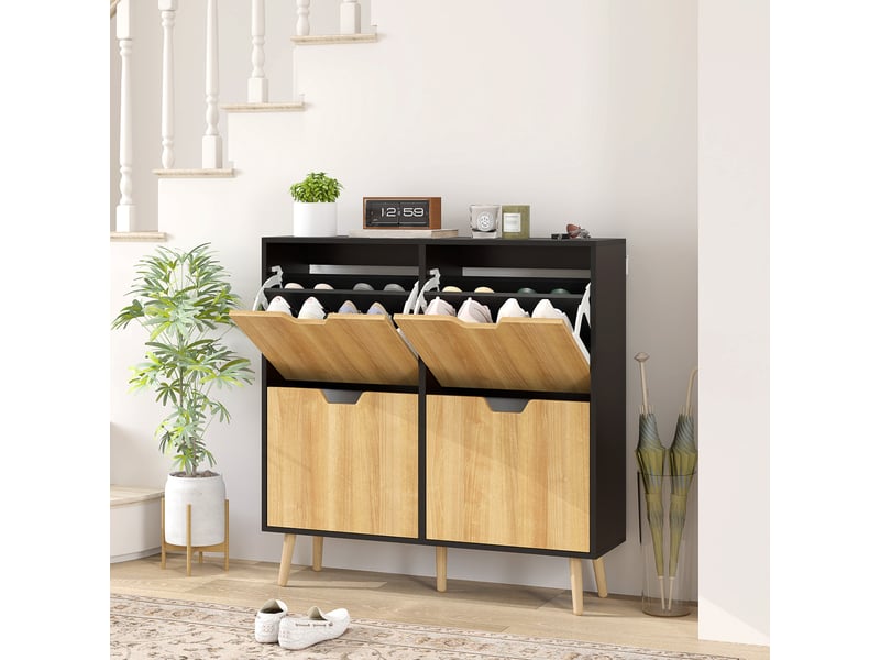  Meuble à chaussures étroit avec 4 tiroirs abattants et étagères réglables pour 16 paires de chaussures, 95 x 26 x 95 cm, naturel et noir  - Conforama C