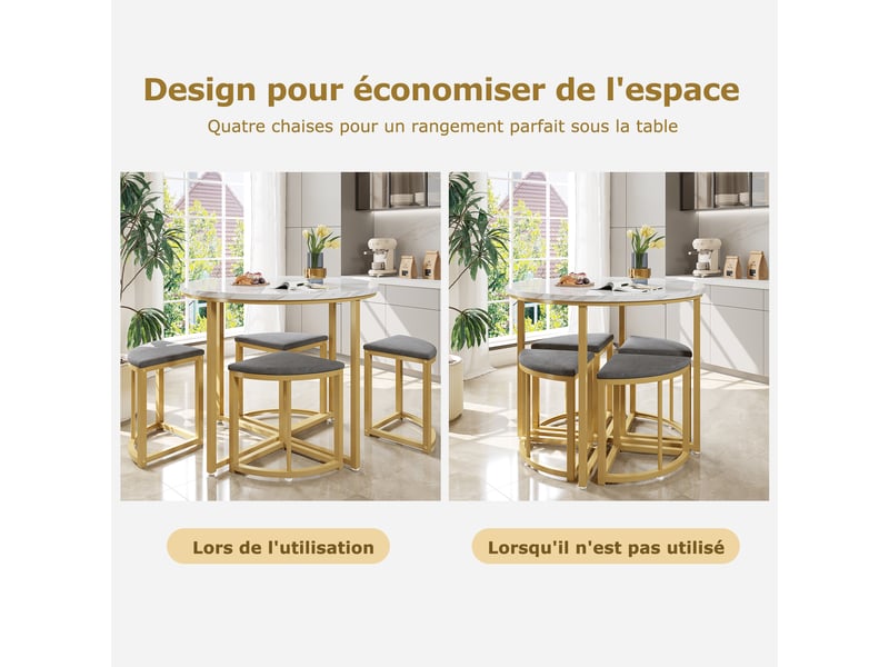 Ensemble table à manger et 4 chaises – blanc, or et gris – table ronde ø80 cm – plateau mdf blanc, piètement métal doré, assises velours gris - Conforama E